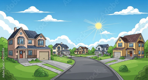 Suburban Neighborhood with Houses and Road.