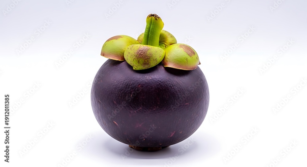 Obraz premium Ripe Mangosteen Fruit with Green Calyx on White Background