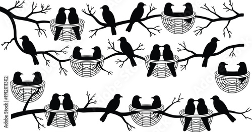 Black vector silhouette set of birds perched on branches and nesting in garden trees featuring various avian poses wildlife nature design and spring season,