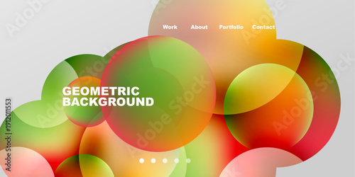 Abstract colorful shapes overlap, creating dynamic visual effect. Text elements present top right, bottom center. Gradient hues dominate composition.