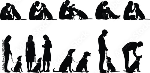 People Interacting With Dogs Silhouette Collection Featuring Training Sessions Walking On Leash And Petting Pets For Animal Welfare Veterinary Care And Canine Obedience Graphic Design