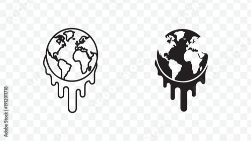 Modern melting earth icons, globe shapes in black and white, eco poster elements, minimal design