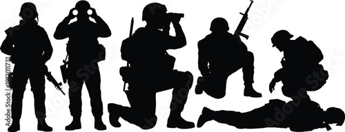 Black silhouettes of soldiers in various combat positions 1