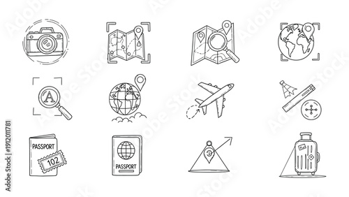 Canvastavla Travel Icons Collection: An illustrative collection of hand-drawn travel icons capturing the essence of exploration and adventure, ready for digital and print application