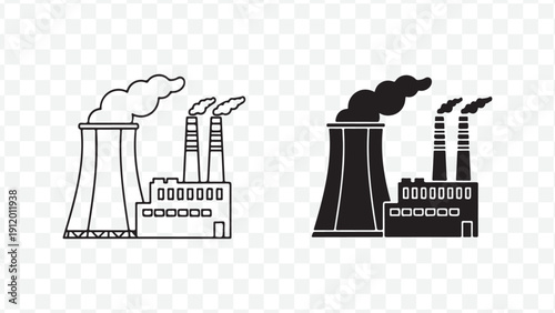 Vector illustration of industrial factory buildings with smokestacks emitting smoke, isolated on transparent background