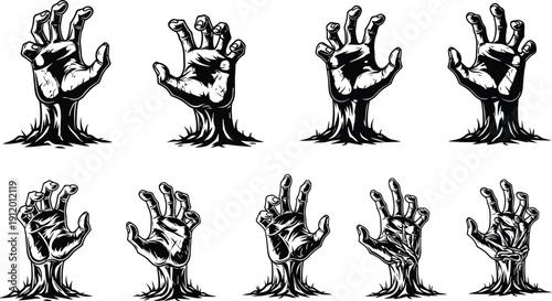 Scary Zombie Hands Reaching From Ground Silhouette Vector Collection for Halloween Horror Party Posters Spooky Graveyard Undead Apocalypse Graphic Design and Creepy Gothic Illustration Elements
