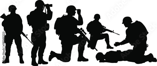 Black silhouettes of soldiers in various combat positions on white background