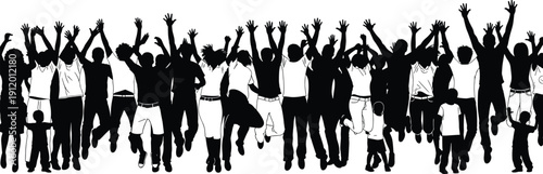 Silhouette of a diverse group of happy people jumping in the air with hands raised celebrating success, community unity, freedom, and joyful teamwork on white background