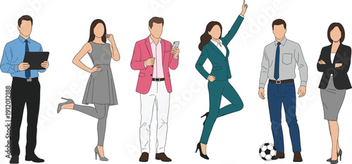Flat vector faceless business people standing modern professional outfits corporate lifestyle character illustration isolated neutral background collection set