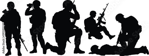 Black silhouettes of soldiers in various combat positions