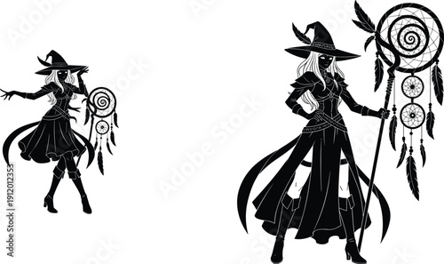 Silhouette witch character holding dreamcatcher staff in mystical fantasy illustration isolated on white background with flowing dress and magical aesthetic design