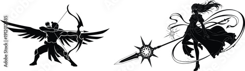 Silhouette winged archer aiming bow and magical female warrior with spear in dynamic fantasy battle illustration isolated on white background