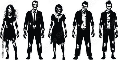 Spooky Zombie Silhouette Collection Featuring Scary Undead Characters in Ragged Clothes for Halloween Horror Party Posters Apocalypse Graphic Design and Creepy Gothic Vector Illustration Assets