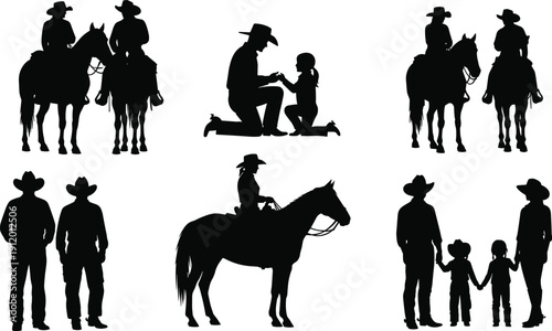 Western Cowboy and Cowgirl Silhouette Collection Featuring People Riding Horses and Families in Traditional Hats for Ranch Life Country Rodeo and American West Graphic Design