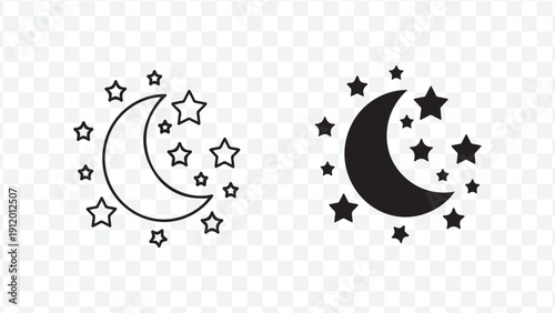 Vector illustration of crescent moons and stars isolated on transparent background