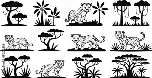 Vector, black, and, white, illustration, set, of, cute, leopards, and, tropical, savanna, trees, with, acacia, and, palms, for, wildlife, safari, and, nature, design, element