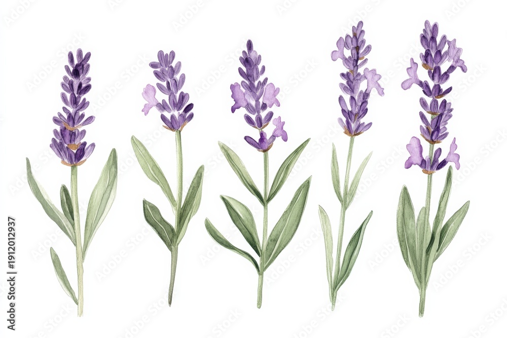 Fototapeta premium Lavender flower stem botanical illustration depicting different stages of bloom