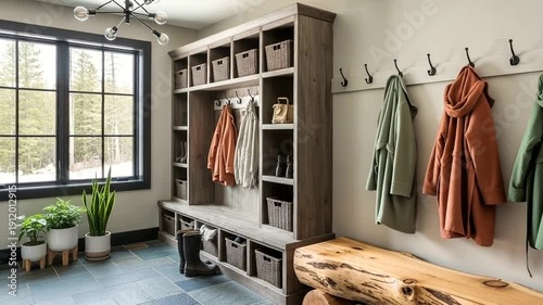 Modern Mudroom with Storage and Hooks.