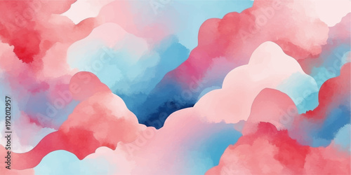 Abstract watercolor background featuring blue sky and fluffy white clouds in a bright summer atmosphere with a vintage painted texture