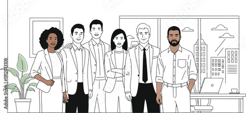 Diverse group of six confident business professionals standing together for a team portrait inside a modern office environment