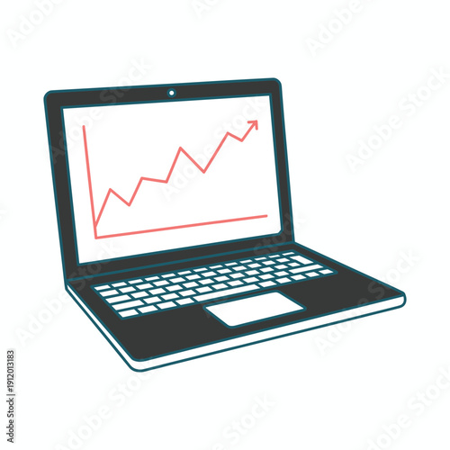 Black laptop with white keyboard and red graph on screen computer chart red line graph