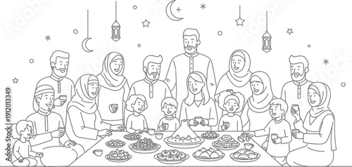 Joyful large multi-generational muslim family gathering together around a richly laden table for a celebratory holiday meal or iftar dinner