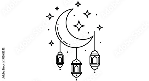 Simple black and white line art icon design featuring a crescent moon surrounded by sparkling stars and three hanging traditional arabic lanterns