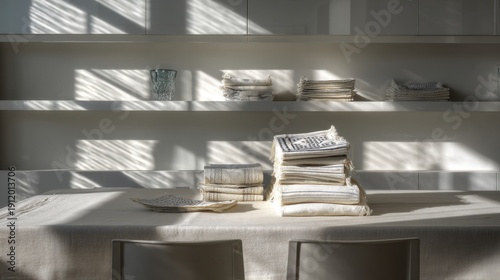 Sunlit dining room with folded linen and shadow patterns for elegant home decor