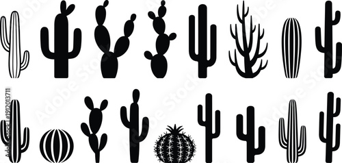 Vector, black, silhouette, set, of, various, cactus, types, and, desert, succulents, including, saguaro, prickly, pear, and, agave, for, nature, arid, and, botanical, design, elements
