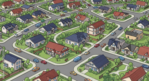 Suburban Neighborhood with Houses and Streets.