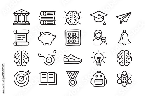 Academic outline symbols including book brain and graduation cap