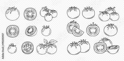 Hand-drawn sketch set of fresh ripe tomatoes, whole and sliced, perfect for culinary designs and healthy eating concepts.