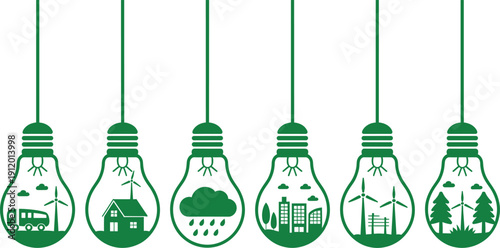 Set of Green Lightbulb Icons with Eco Friendly Symbols Including Wind Turbines Solar Energy Trees and Sustainable City for Environmental Innovation Concepts