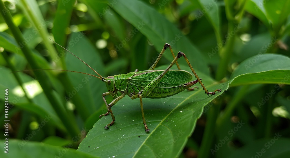Fototapeta premium Vibrant Green Katydid in Lush Foliage