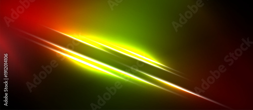 Abstract vibrant lines, red transitions to green. Bright yellow streaks dominate center, dark background creates contrast. Dynamic energy radiates.