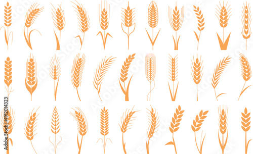 Large Set of Wheat Ear Silhouettes and Cereal Grain Icons for Organic Food Branding, Bakery Logos, Agricultural Patterns, and Natural Harvest Design Elements