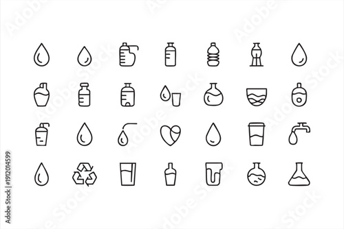 Drinking water outline icon collection with hydration and bottle symbols