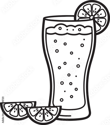 Black and white line of a tall glass filled with bubbly liquid and garnished with a lemon slice and two lemon wedges on a white background also transparent background