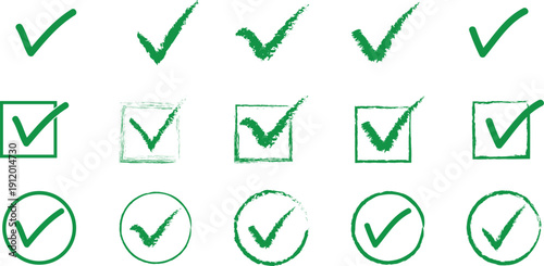 Collection of green checkmark symbols in various shapes