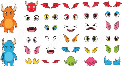 Cute Monster Character Creation Illustration Set with Eyes, Mouths, Wings, Horns, and Facial Expressions for Games and Kids Design