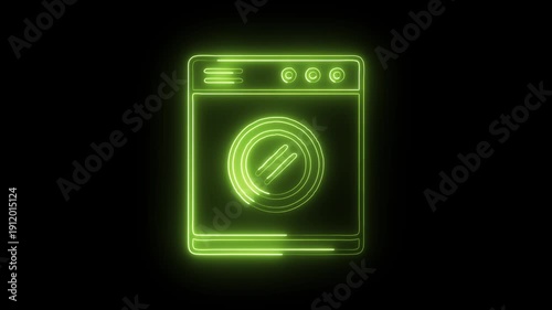 Glowing Neon Washing Machine Outline Icon Isolated on Black Background. HD Video Motion Graphic Animation