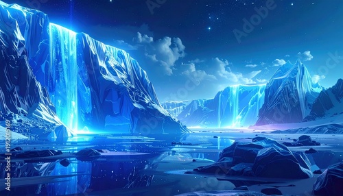 Fantasy ice mountain with glowing blue waterfalls　青く光る滝が流れる幻想的な氷山のイラスト背景　デジタルイラスト