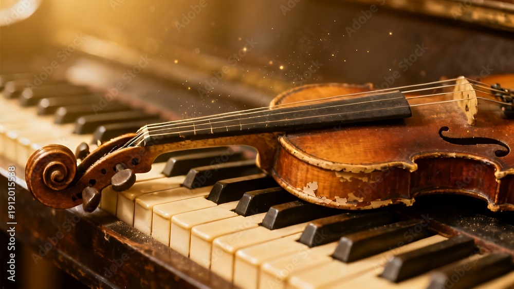 Fototapeta premium Violin resting on antique piano keys