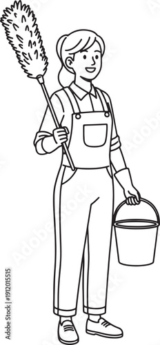 Woman in overalls holding a duster and bucket with a smile also transparent background cleaning