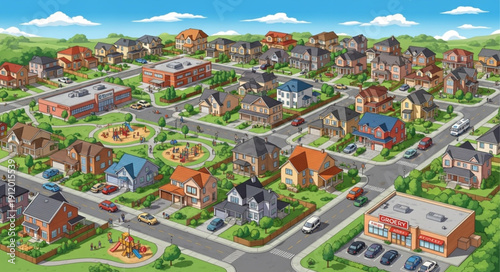 Suburban Neighborhood with Houses and Roads.