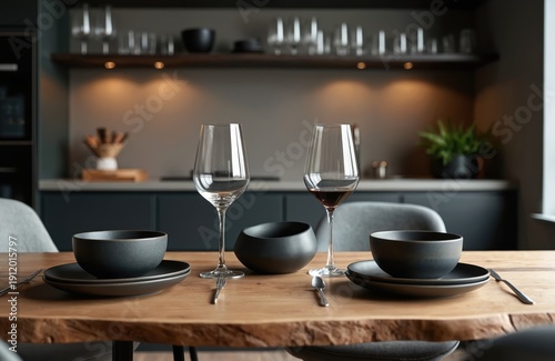 Wallpaper Mural Two wine glasses and dark plates with bowls set on rustic wood table. Modern kitchen with sleek dark cabinets and counter. Ready for dinner or tasting event. Torontodigital.ca