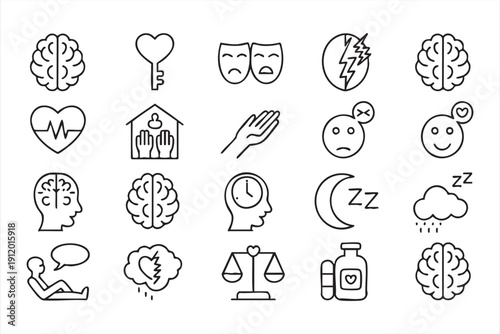 Psychology and emotion thin line icons for healthcare apps