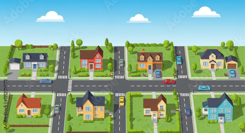 Suburban Neighborhood with Houses and Streets.
