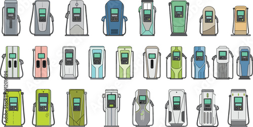 Gas Station and Electric Vehicle Charging Pump Illustration Set with Modern Fuel Dispensers for Energy, Transport, and Infrastructure Design