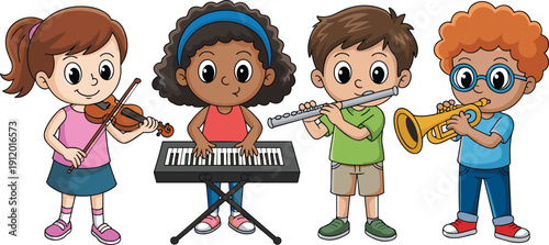 Multicultural children playing instruments in cartoon band, happy kids with violin, keyboard, flute and trumpet, music education teamwork concept isolated